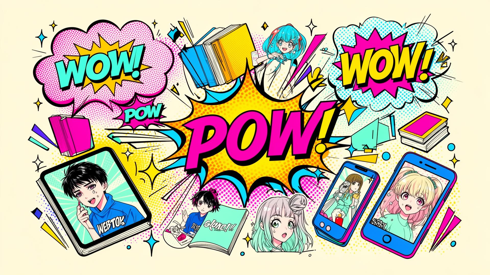 Colagem pop de mangás, webtoons e quadrinhos coloridos